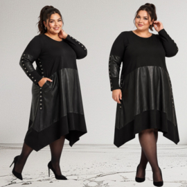 SASHA GRANDE oversized A-lijn jurk met inzet van eco leder/stretch/premium kwaliteite zwart