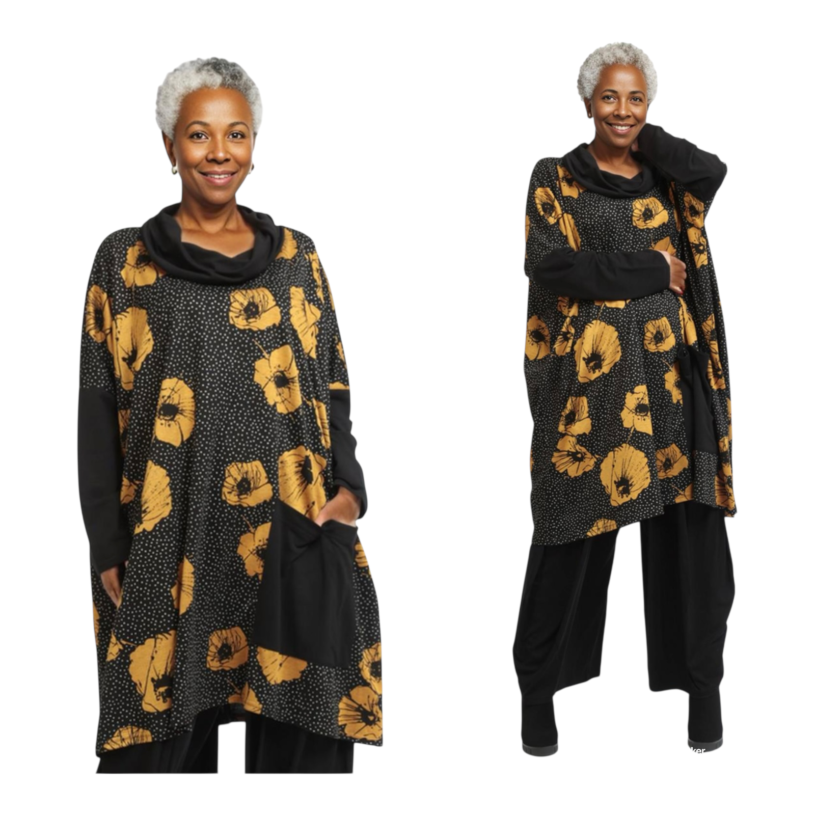 AKH oversized viscose mix tuniek apart stretch zwart/okergeel