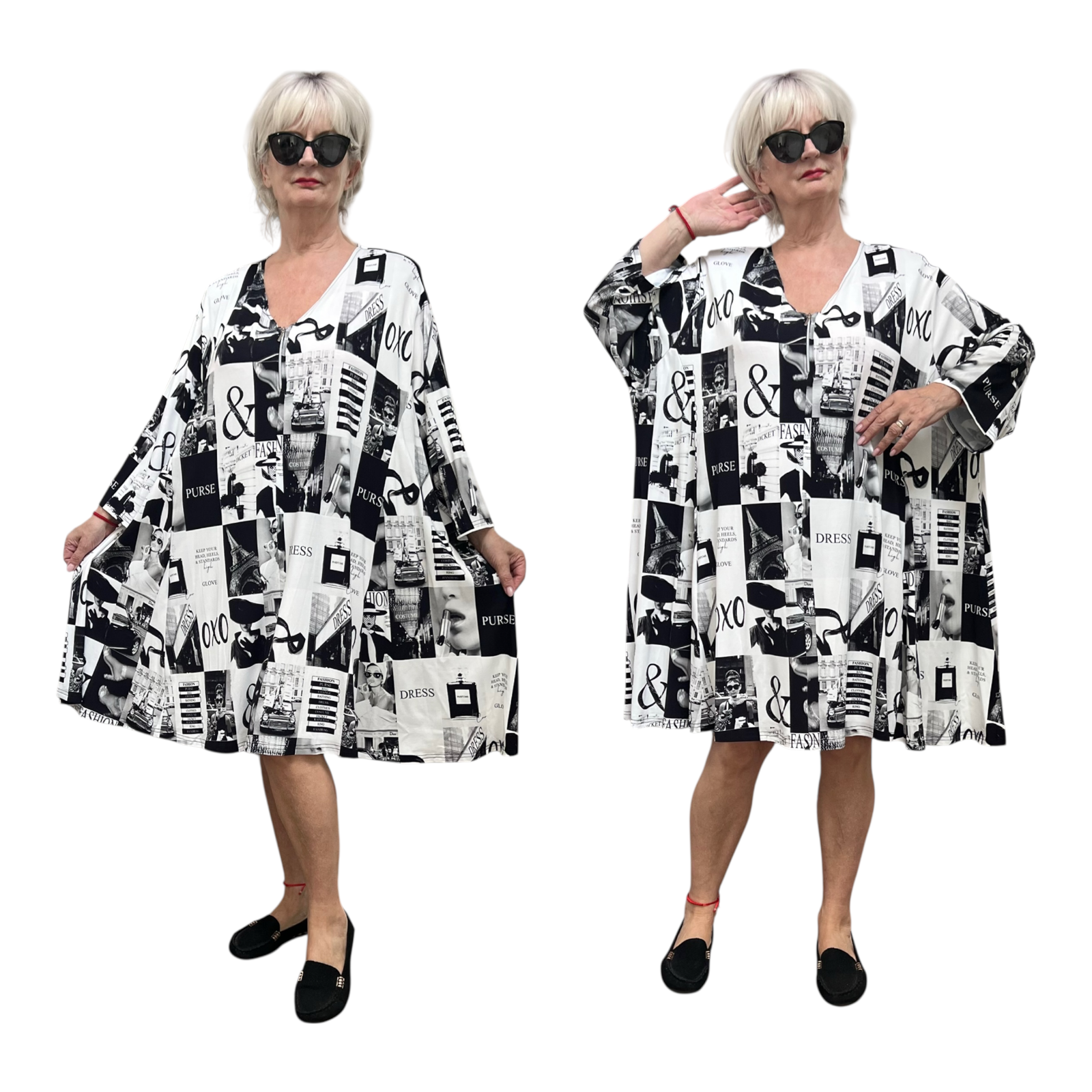 New Jersey oversized viscose A-lijn jurk/tuniek met korte rits / stretch zwart/wit