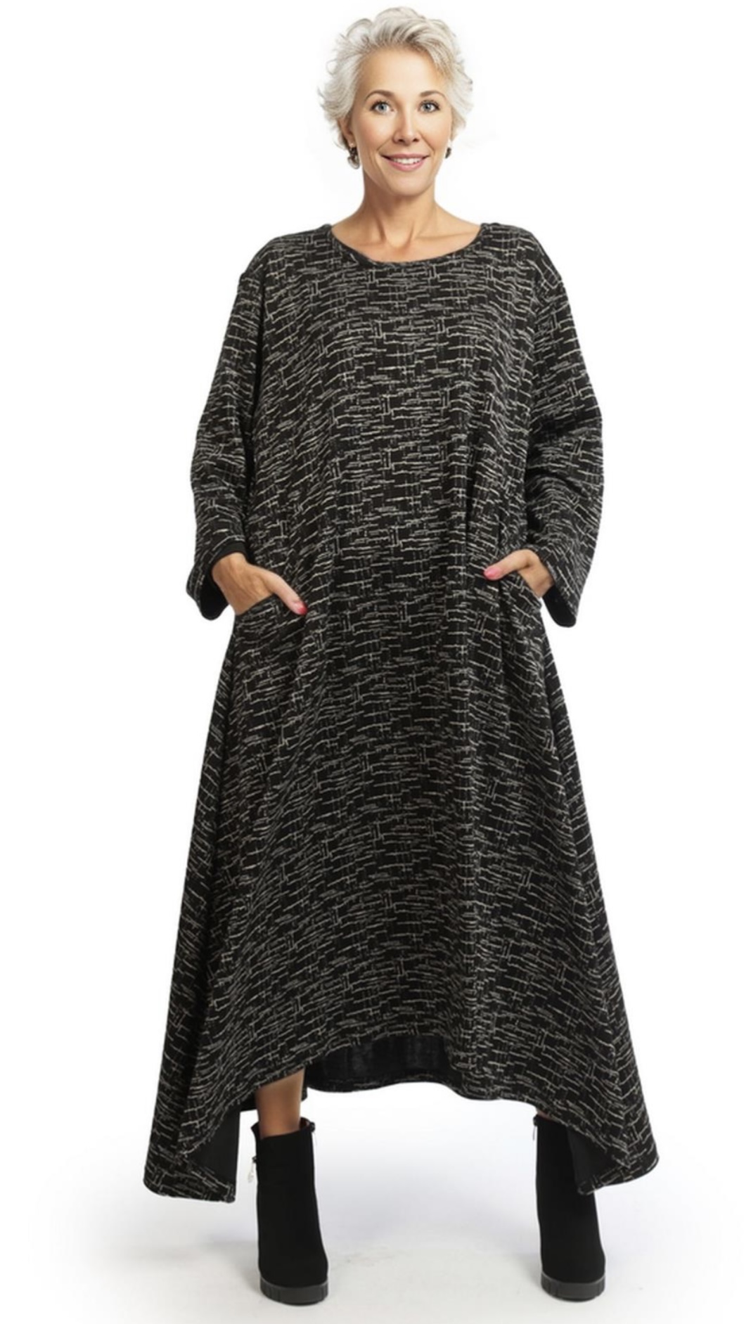 AKH oversized viscose mix A-lijn jurk apart stretch zwart/ecru