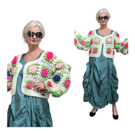 AGE oversized  acryl lotusbloemen patchwork korte vest, handgemaakt