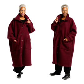 AKH oversized lange wollen winterjas/mantel  gevoerd wijnrood