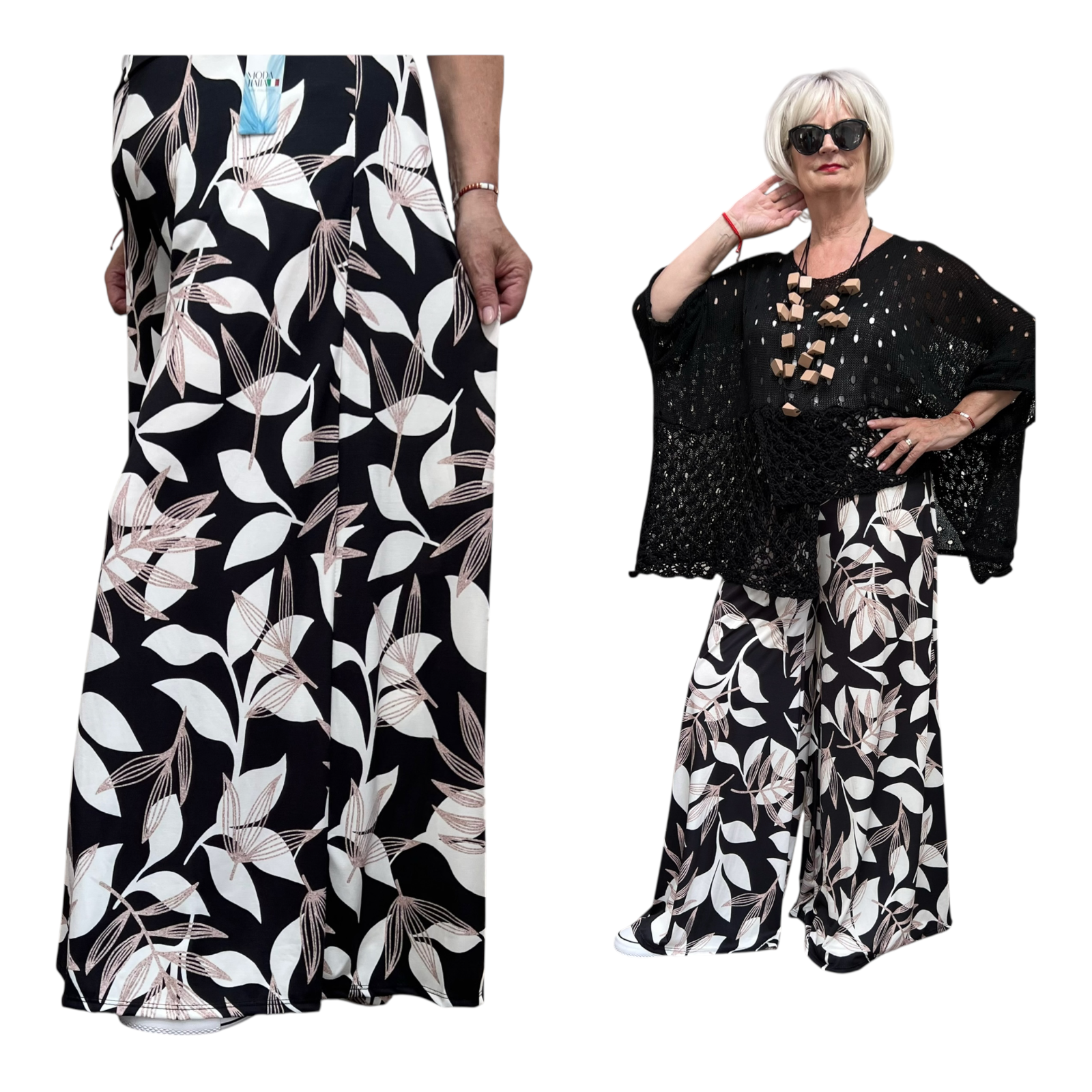 ITALY Mode jersey viscose  wijde broek apart /zeer rekbaar/zwart/wit