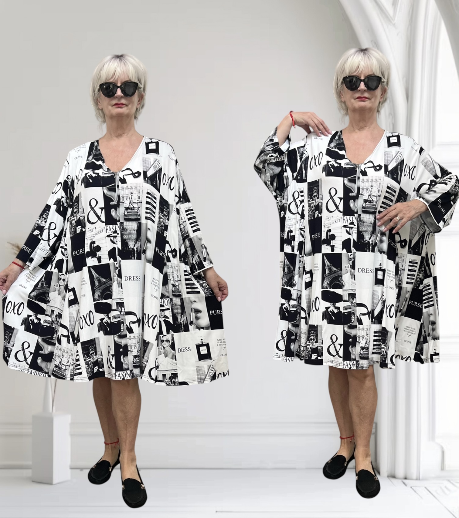 New Jersey oversized viscose A-lijn jurk/tuniek met korte rits / stretch zwart/wit