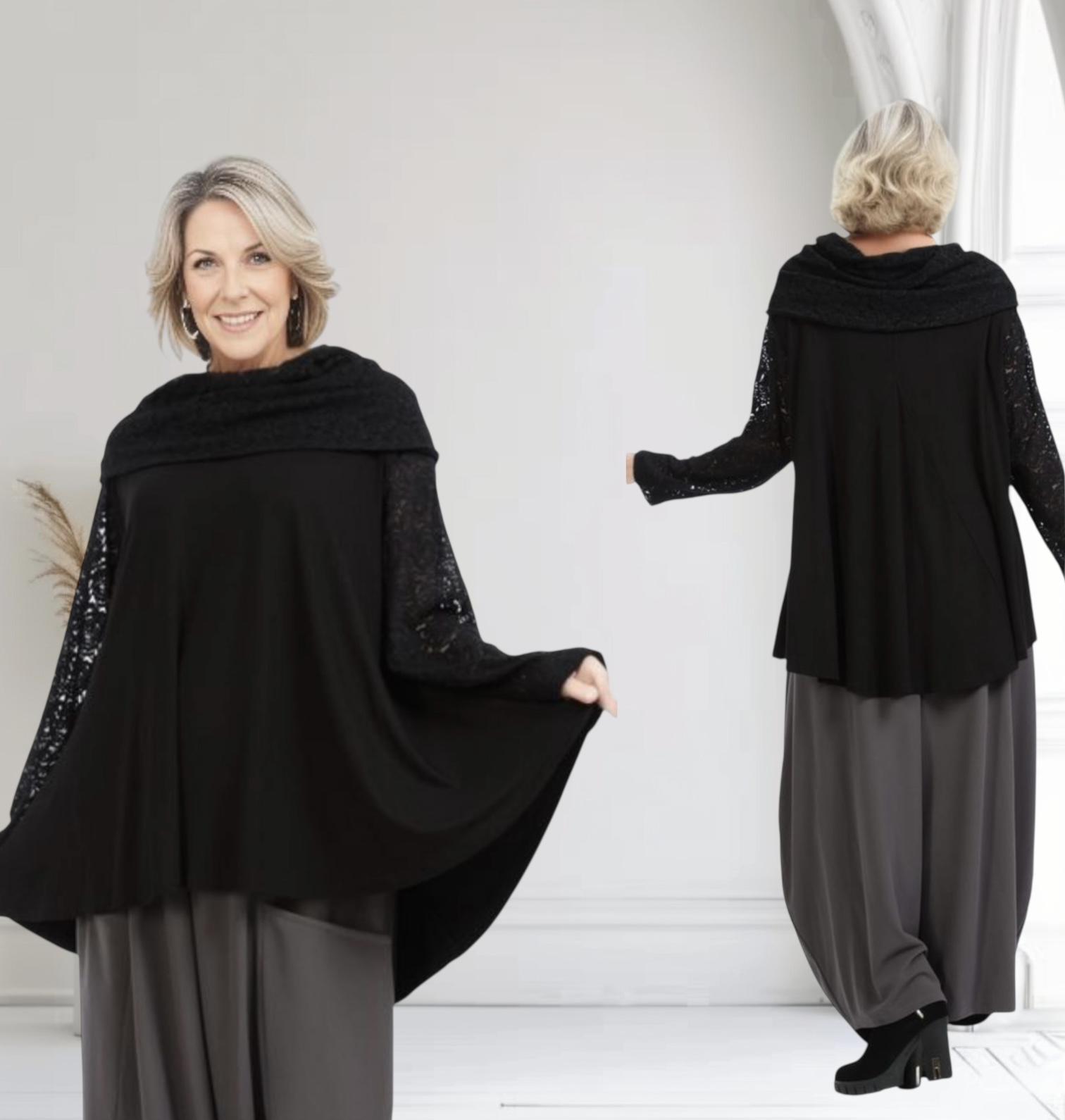 AKH oversized viscose jersey  A-lijn tuniek met col/apart/kant/ stretch zwart stretch