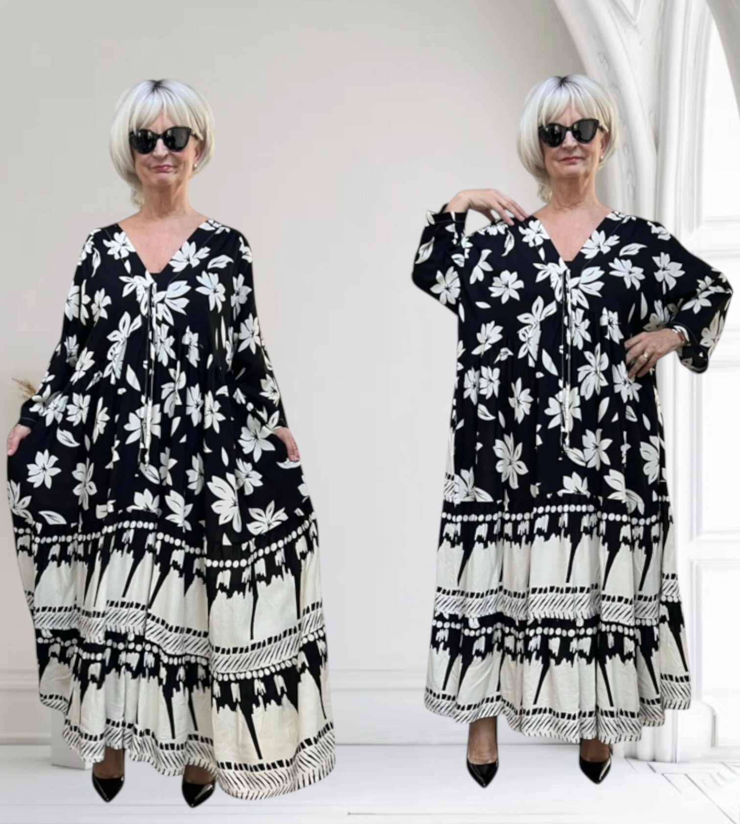 Vincenzo Allocca oversized viscose  BOHO A-lijn jurk apart zwart/wit