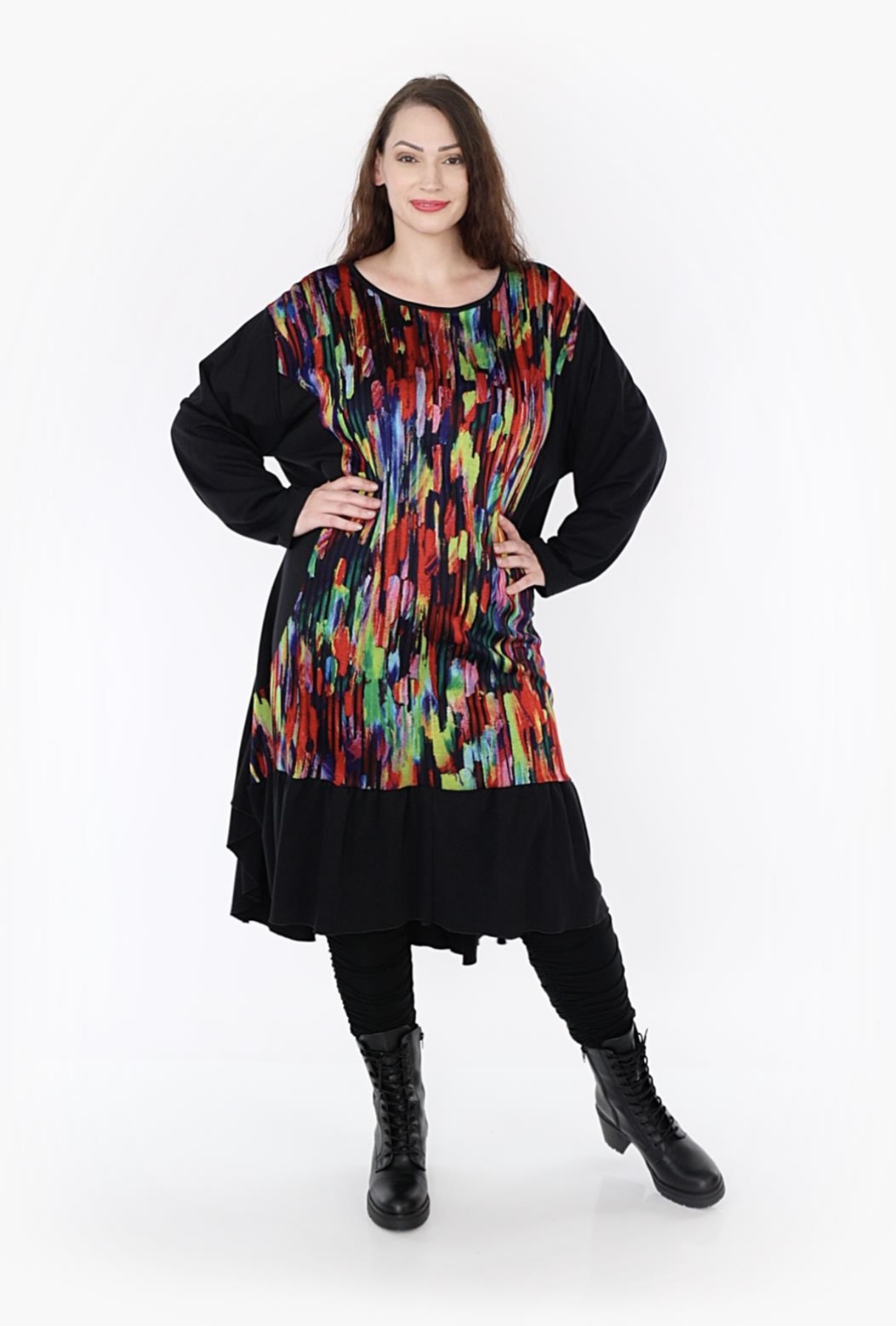 AKH oversized viscose mix A-lijn jurk apart stretch zwart/multicolor