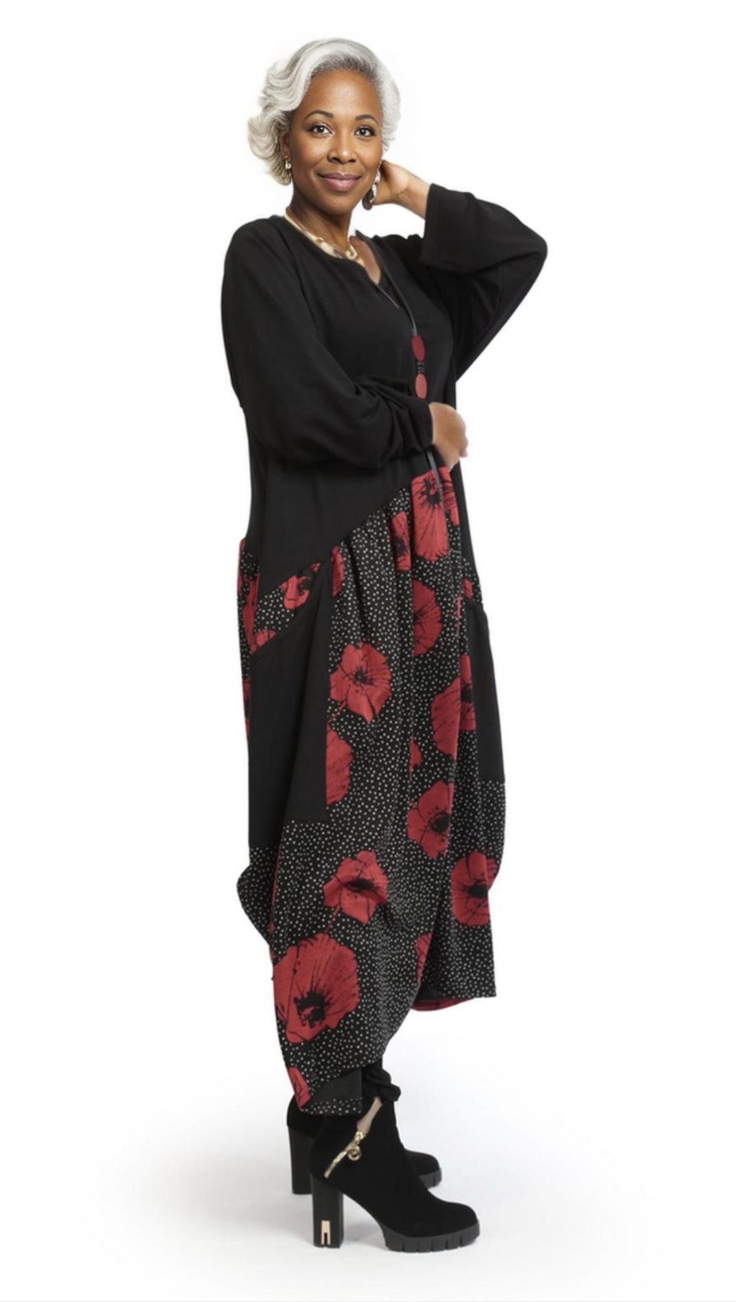 AKH oversized viscose mix A-lijn jurk apart stretch zwart/rood