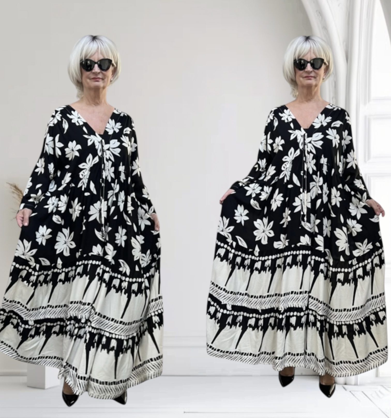 Vincenzo Allocca oversized viscose  BOHO A-lijn jurk apart zwart/wit