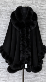 ITALIA MODA gebreid super zacht omslagdoek/poncho met bont/zwart