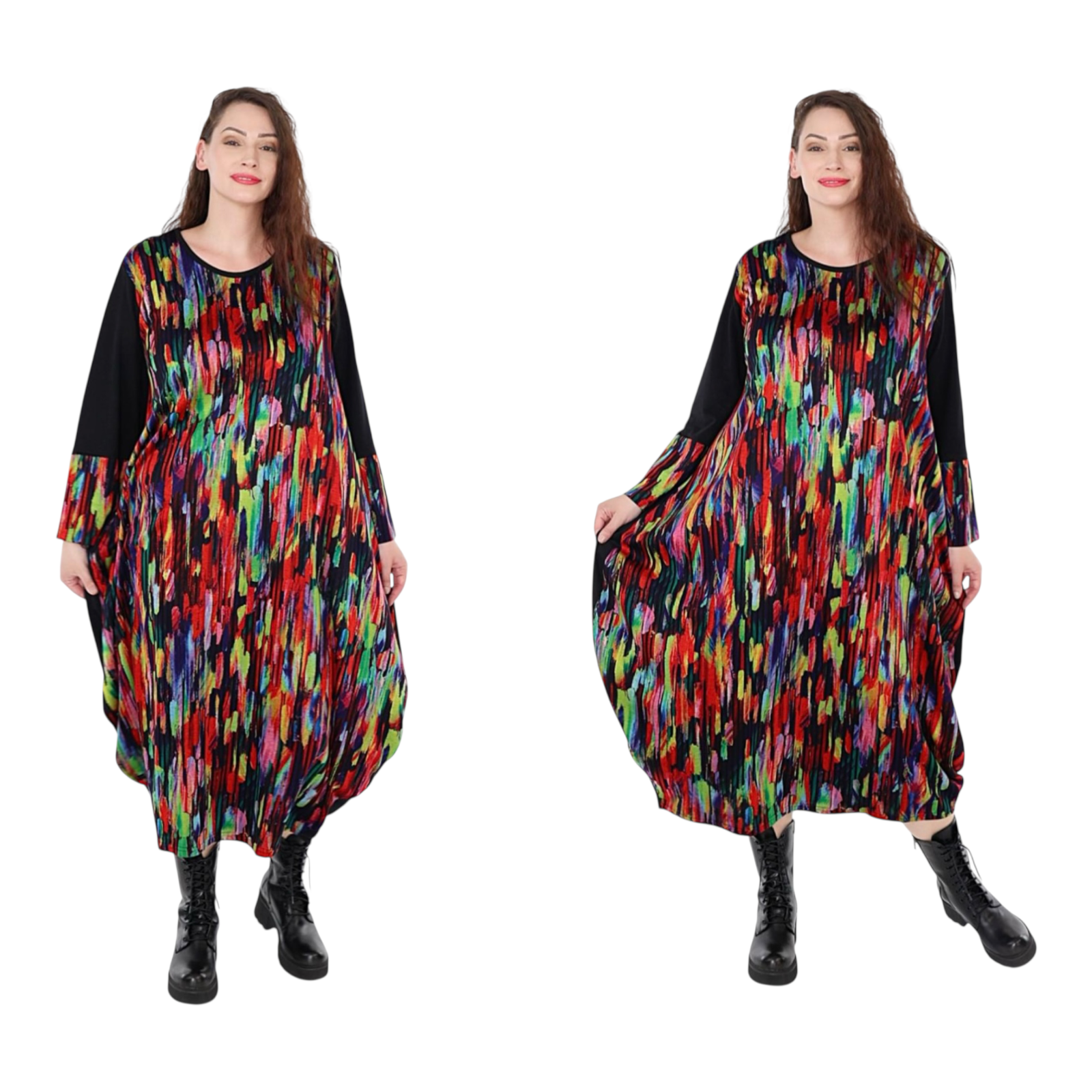 AKH oversized viscose mix ballon jurk apart stretch zwart/multicolor