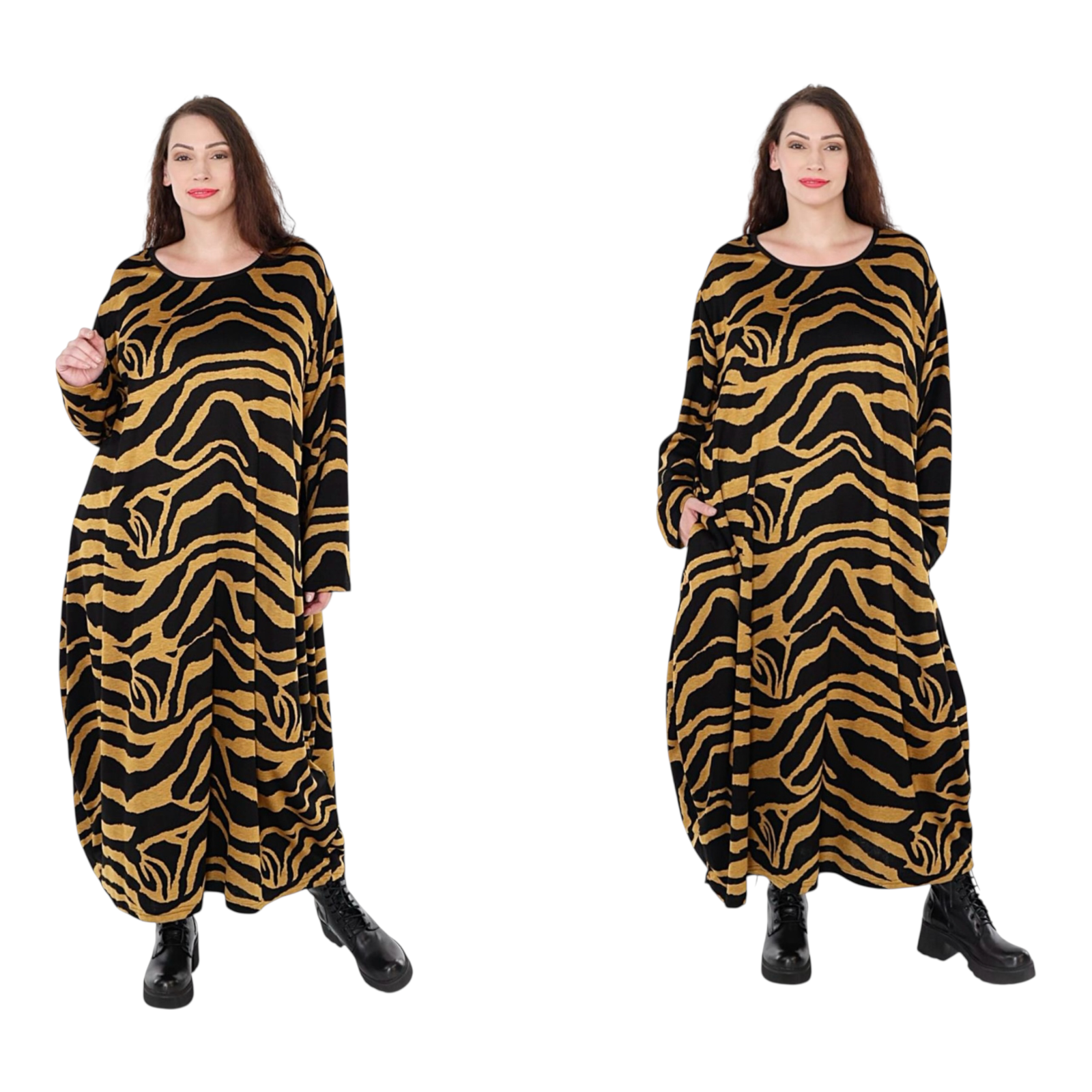 AKH oversized viscose mix jurk apart stretch zwart/geel