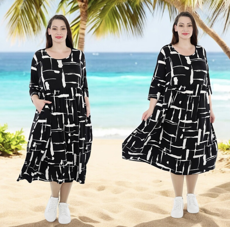 AKH viscose A lijn jurk met zakken apart stretch zwart wit