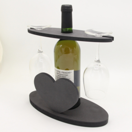 wijnhouder voor fles wijn en twee glazen met hart (zwart)