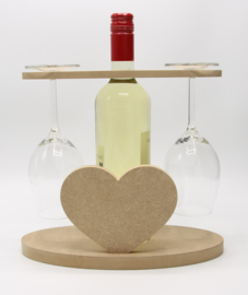 wijnhouder voor fles wijn en twee glazen (hart, mdf)