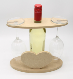 wijnhouder voor fles wijn en twee glazen (hart, mdf)