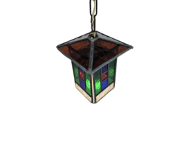 Vintage glas-in-lood hanglamp - lantaarnlamp - Amsterdamse school stijl