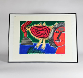 Corneille - Litho - Femme et oiseau rouge - ingelijst - 1998