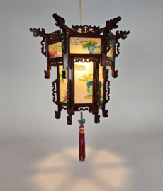 Chinese lantaarn chandelier - rozen hout - gedecoreerd glas -  2e helft 20e eeuw