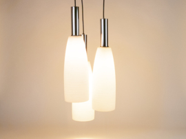 Dutch design - Philips - 3 armige armatuur - kelkglazen - verchroomde sierbuizen - satijnglas - hanglamp - 70's