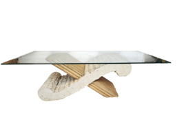 Vintage - Travertin - bamboe - facet geslepen glas - salontafel - 1970's