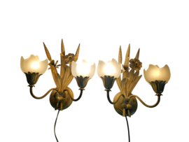 LS Italy  - vintage wandlamp (2)  - metalen goudkleurige bloemen met korenaren - 1970's