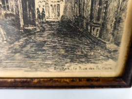 Gravure - België - 'Bruges la Rue des Poitiers - eiken lijstje - origineel - 19e eeuw