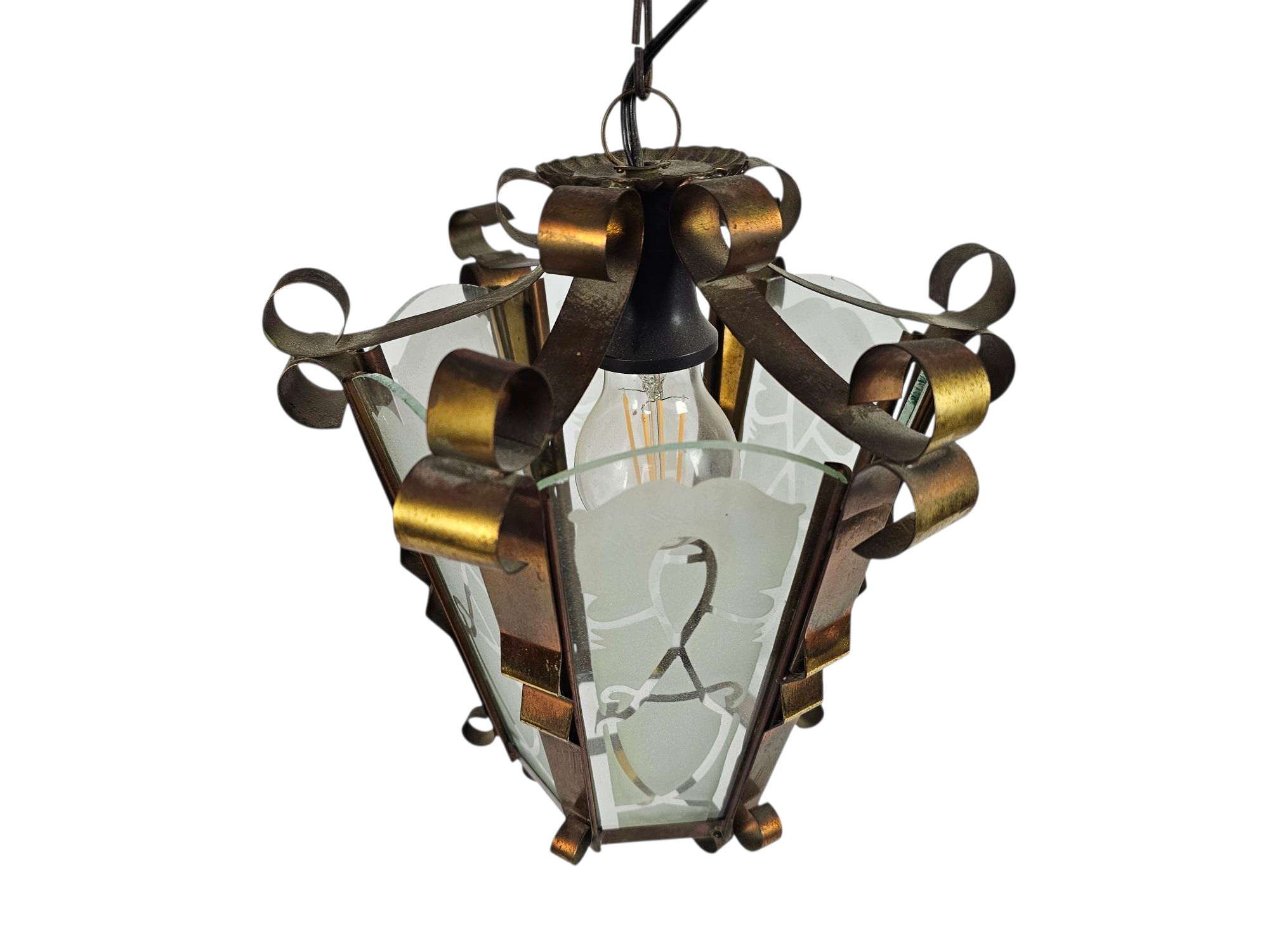 Art Deco - Lantaarn hanglamp - messing - gesatineerd glas