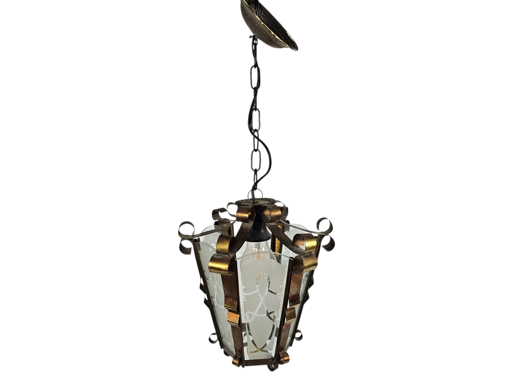 Art Deco - Lantaarn hanglamp - messing - gesatineerd glas