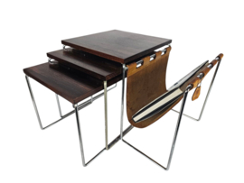 Dutch design - Brabantia Holland - mime set - lectuurbak - Vintage bijzettafel met cognac tuigleren lectuurbak - 60's