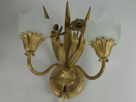 LS Italy  - vintage wandlamp - metalen goudkleurige bloemen met korenaren - 1970's