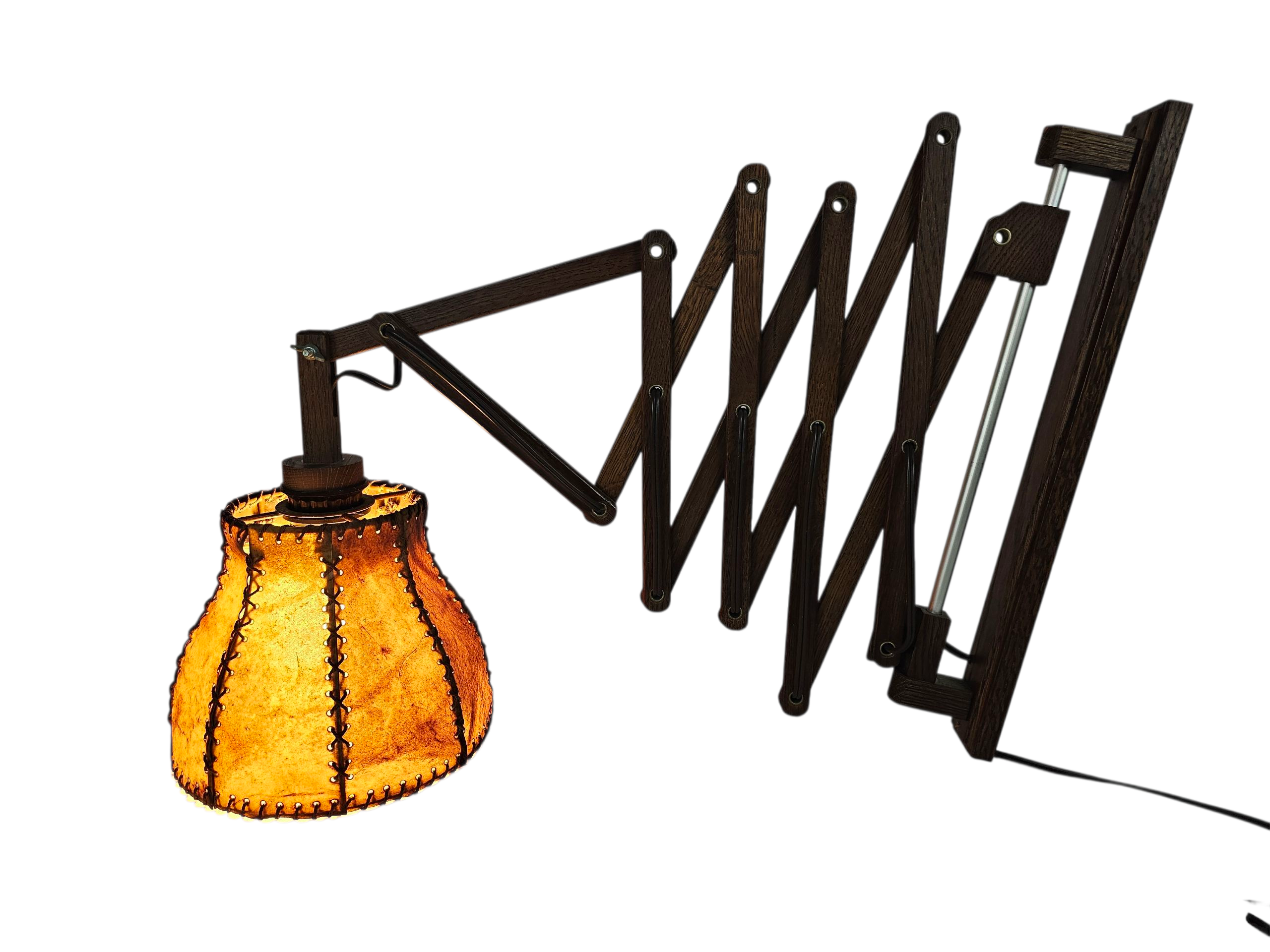 Schaarlamp | Harmonicalamp | wandlamp | vintage | eiken | varkensblaas | 70's |