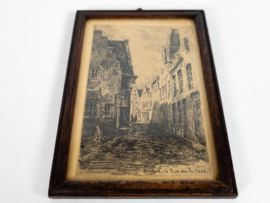 Gravure - België - 'Bruges la Rue des Poitiers - eiken lijstje - origineel - 19e eeuw