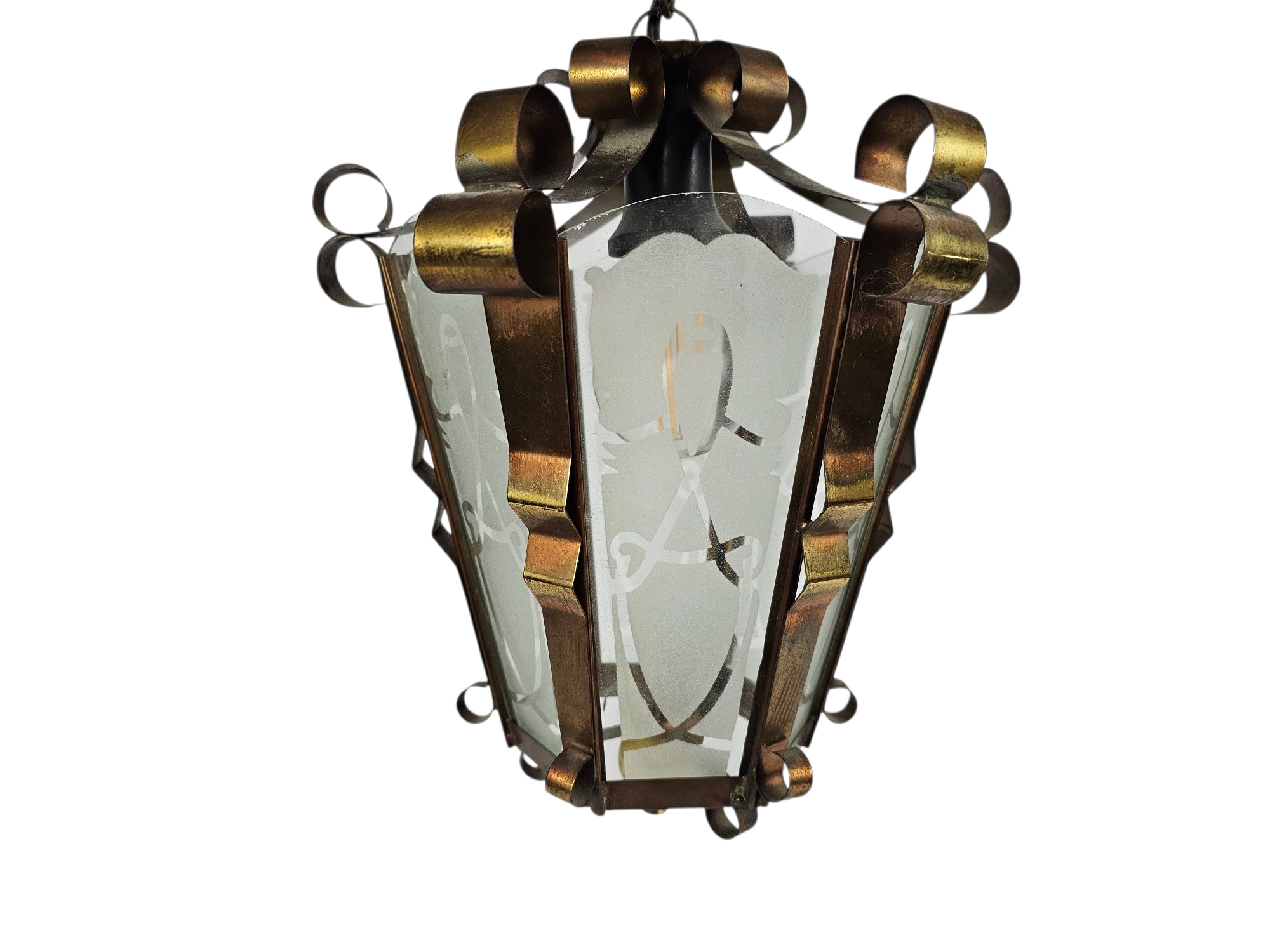 Art Deco - Lantaarn hanglamp - messing - gesatineerd glas