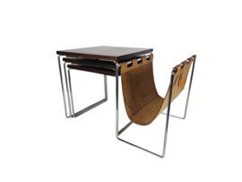 Dutch design - Brabantia Holland - mime set - lectuurbak - Vintage bijzettafel met cognac tuigleren lectuurbak - 60's