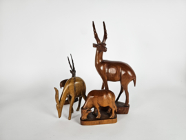 Vintage - Mid Century - Hert/Antilope/Gazelle/Stier - houtsnijwerk -  4 objecten - teak  - decoratie - 3e kwart 20e eeuw