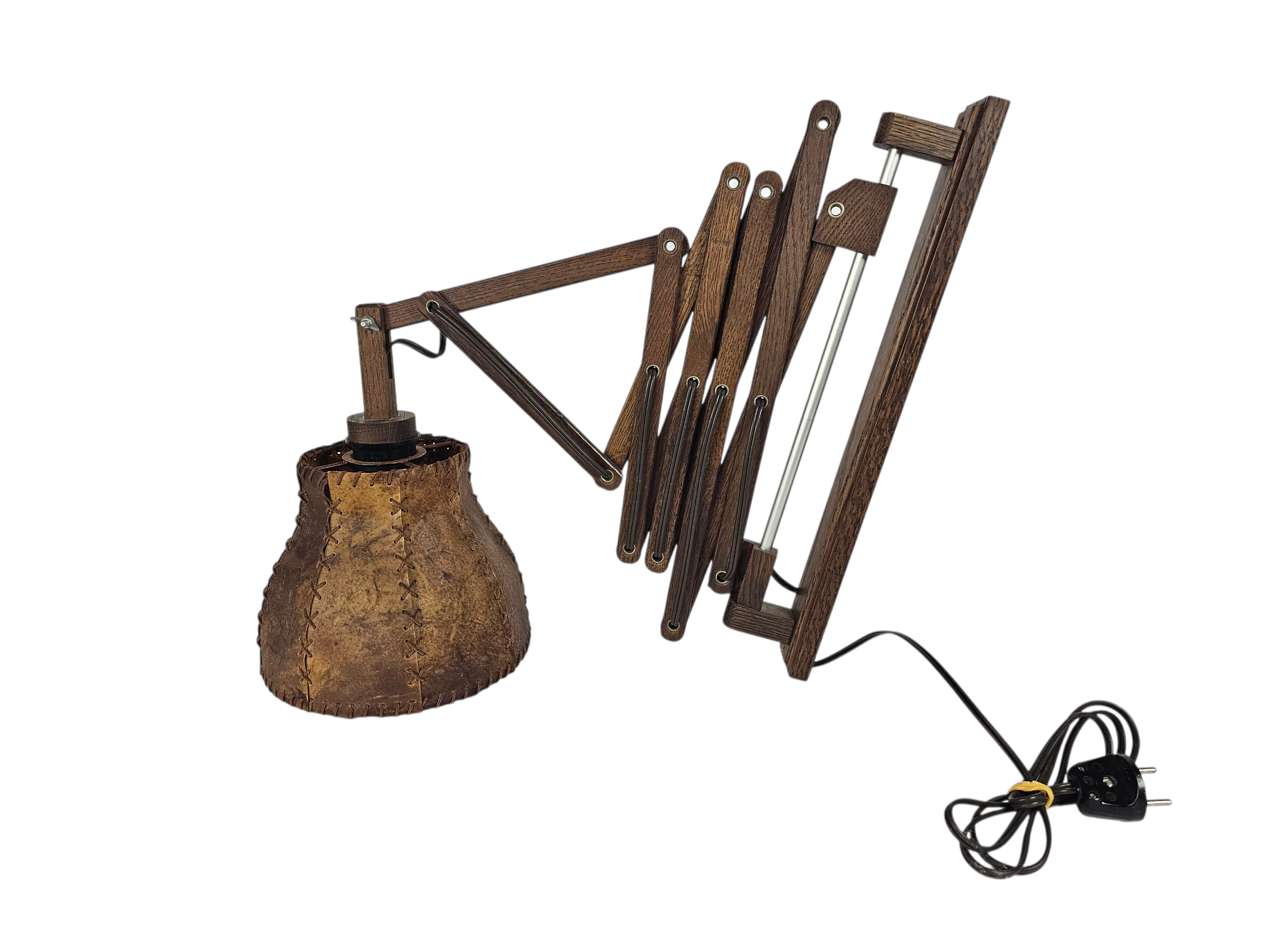 Schaarlamp | Harmonicalamp | wandlamp | vintage | eiken | varkensblaas | 70's |