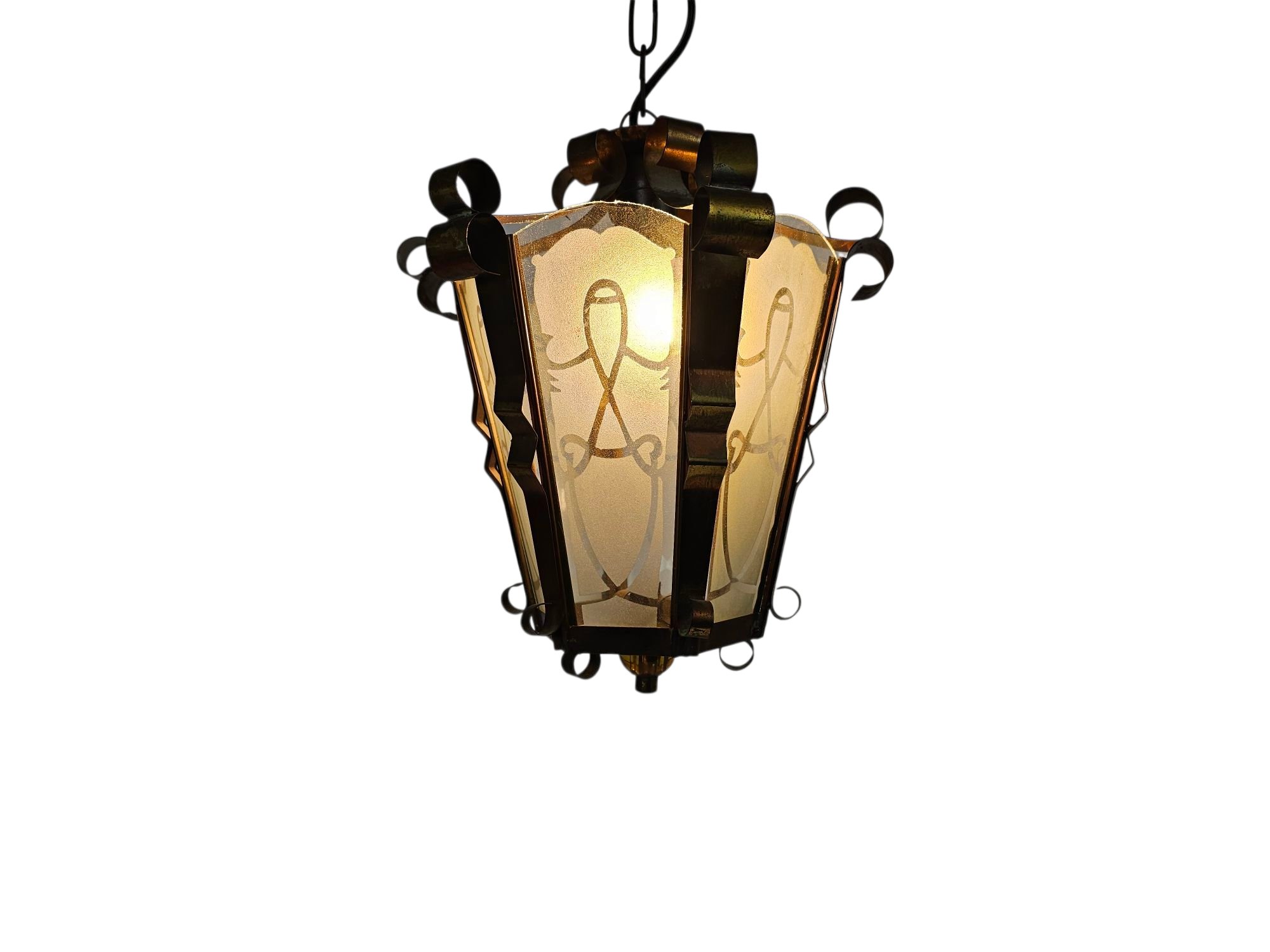 Art Deco - Lantaarn hanglamp - messing - gesatineerd glas