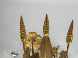 LS Italy  - vintage wandlamp - metalen goudkleurige bloemen met korenaren - 1970's