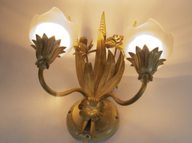 LS Italy  - vintage wandlamp - metalen goudkleurige bloemen met korenaren - 1970's