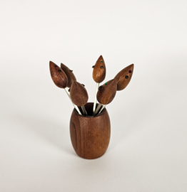 Vintage - cocktail prikkers met houder - teak - Denemarken - 60's