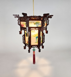 Chinese lantaarn chandelier - rozen hout - gedecoreerd glas -  2e helft 20e eeuw