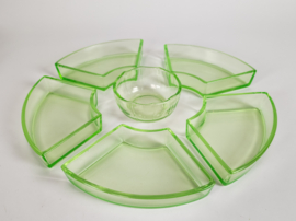 Hors d'oeuvre schaal/bakjes  - 6-delig  - origineel - W.J. Rozendaal - uranium glas - 1930's