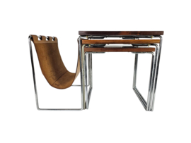 Dutch design - Brabantia Holland - mime set - lectuurbak - Vintage bijzettafel met cognac tuigleren lectuurbak - 60's