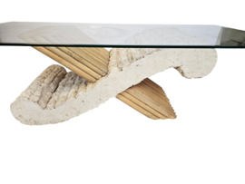 Vintage - Travertin - bamboe - facet geslepen glas - salontafel - 1970's
