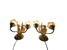 LS Italy  - vintage wandlamp (2)  - metalen goudkleurige bloemen met korenaren - 1970's