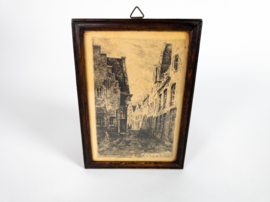 Gravure - België - 'Bruges la Rue des Poitiers - eiken lijstje - origineel - 19e eeuw