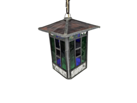 Vintage glas-in-lood hanglamp - lantaarnlamp - Amsterdamse school stijl