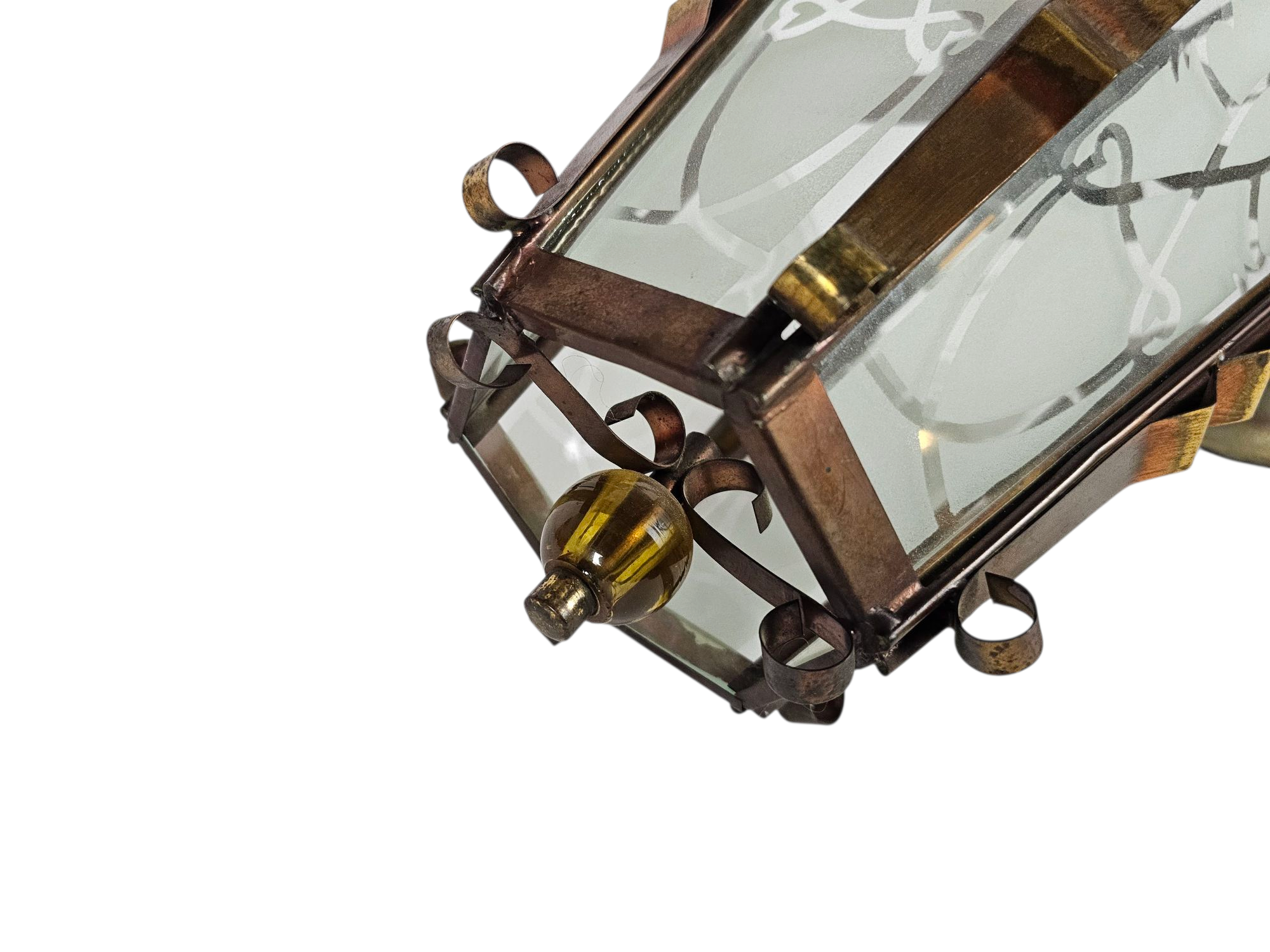 Art Deco - Lantaarn hanglamp - messing - gesatineerd glas