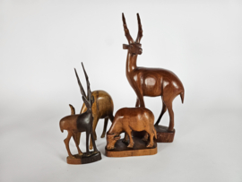 Vintage - Mid Century - Hert/Antilope/Gazelle/Stier - houtsnijwerk -  4 objecten - teak  - decoratie - 3e kwart 20e eeuw